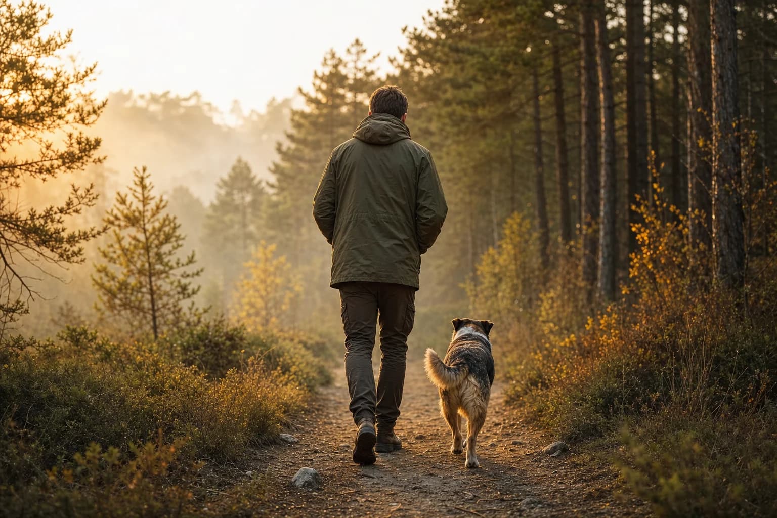 Man and dog walking together along a woodland trail at sunrise